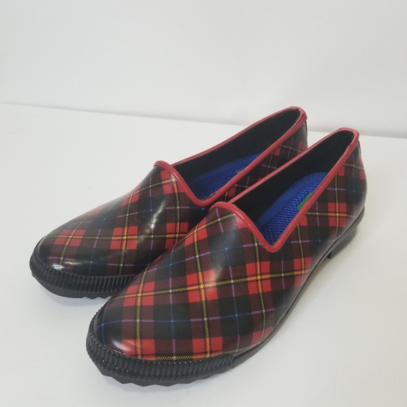Cougar Ruby Red Tartan Rubber Rain Flats Size 8 - Picture 1 of 3